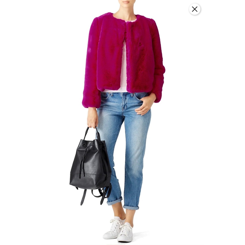 Milly Faux Fur Jacket Coat Fushia Cropped Statement Spread Collar Preppy SZ S - Picture 7 of 7